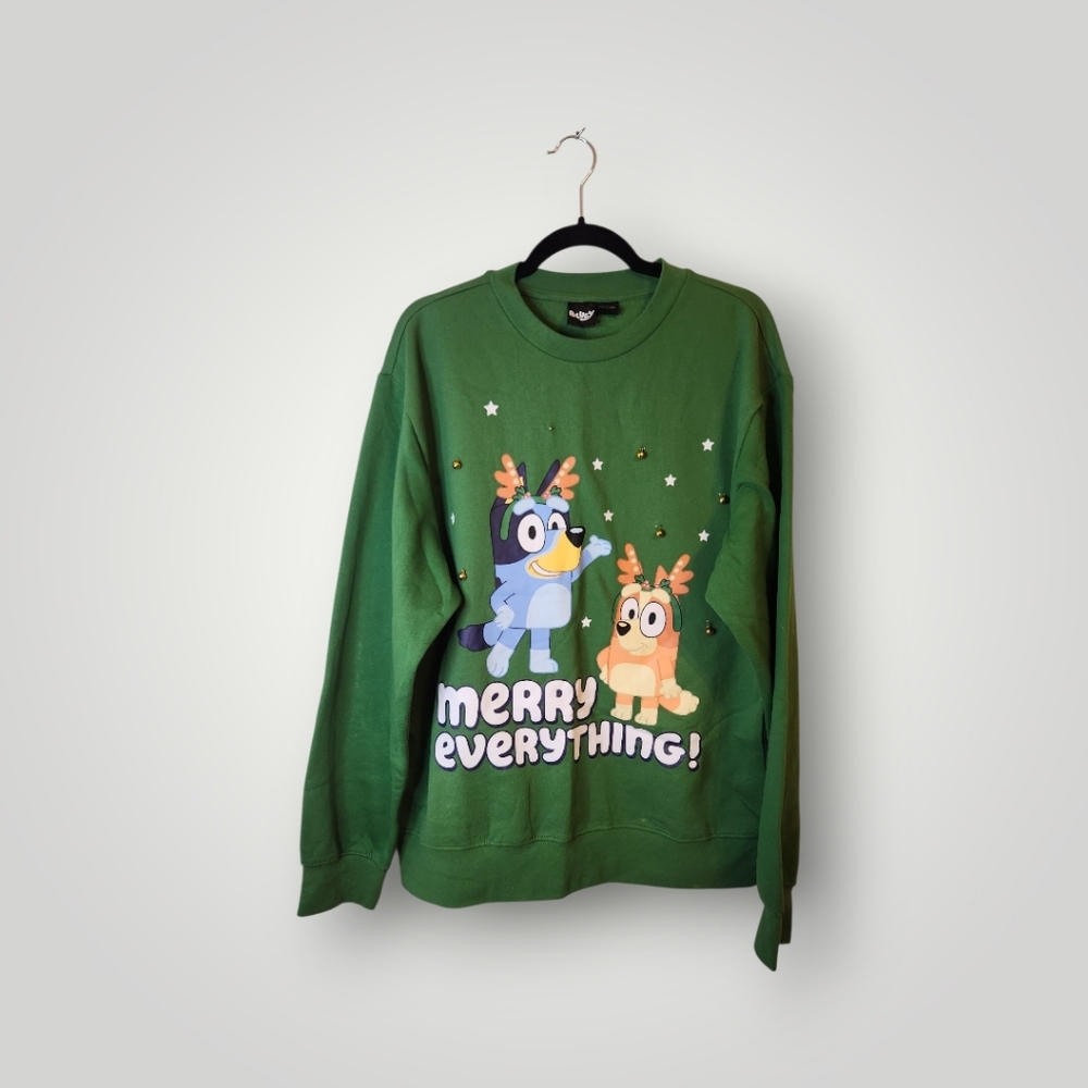 Bluey Christmas Men's Green Bluey Sweatshirt Jingle Bells Merry Everything L